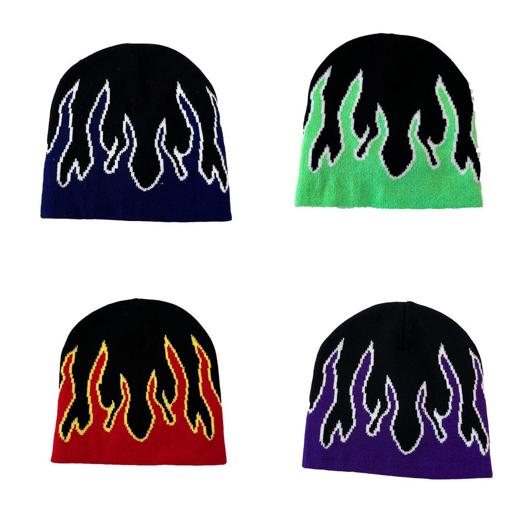Punk Knitted Hat For Men With Flame Design And Letter Embellishments For Streetwear And Winter Warmth