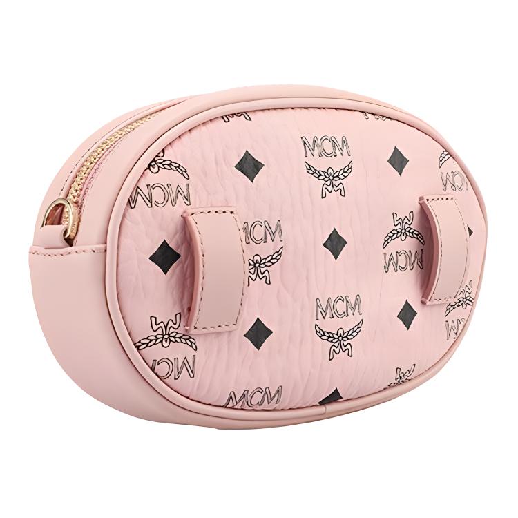 MCM Pink Visetos Leather Oval Crossbody Camera Bag with Silver Hardware for Daily Use