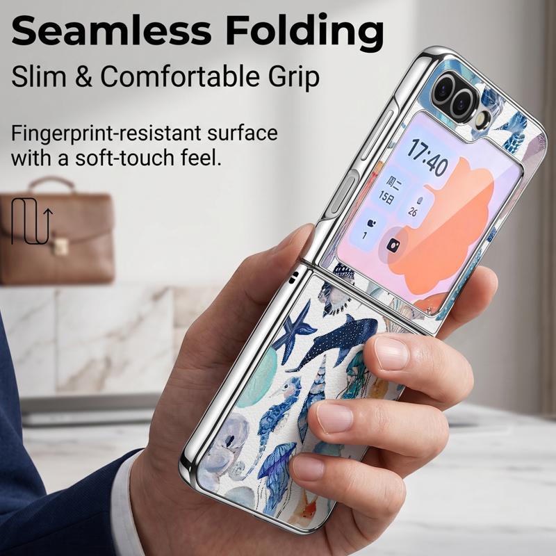 Jellyfish Dolphin Pattern Case For Samsung Galaxy Z FlIP 7 FE 6 5 Z Flip7 Flip6 Flip5 Luxury Plating PC+PU Leather Hybrid Folding Phone Cover