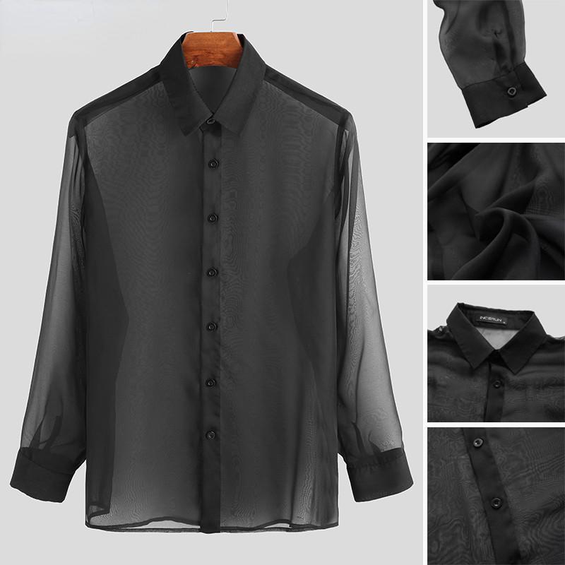 Summer Men Long Sleeve Shirt Thin Button Clubwear Party Black Tops