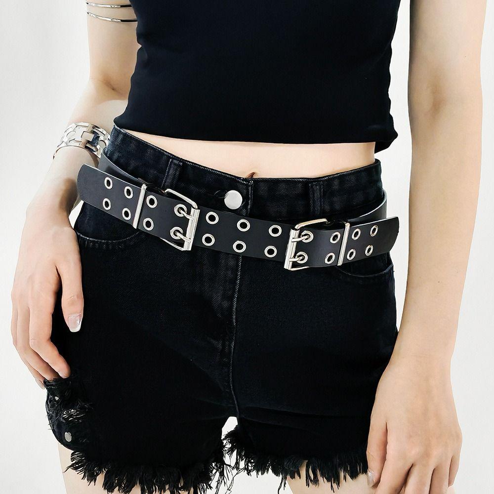 Round Eyelet Gothic Leather Belt Transparent Double Pin Buckle Waistband Rivet Belts  Men Women