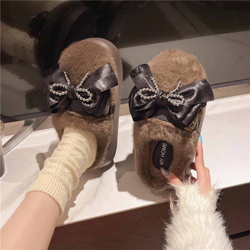 Schleife 2025 Herbst und Winter neue Damen Winter Indoor Zuhause weiche Sohle rutschfest warm Plüsch dicke Sohle Baumwollpantoffeln