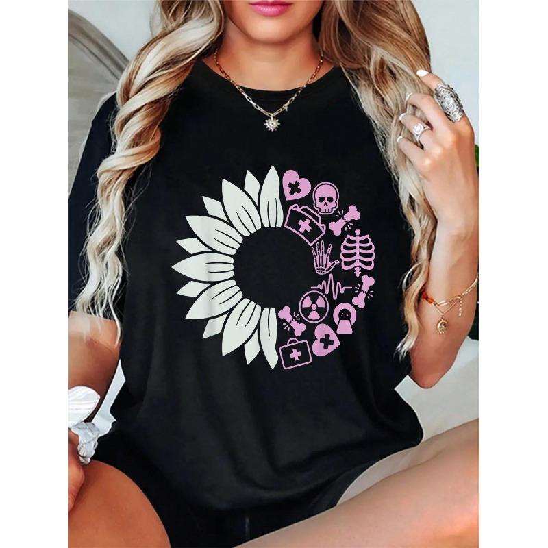 

Women s Radiology Team Graphic T-Shirt - Short Sleeve Crew Neck Casual Top with Applique, Summer Wear, Casual Summer Top S чёрный