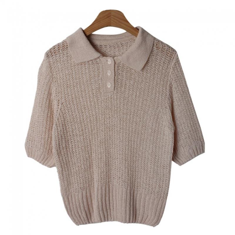 Shop   Women Collar Neck Half Open BuTTon Daily ShorT Sleeve KniT T shirT Ivory 