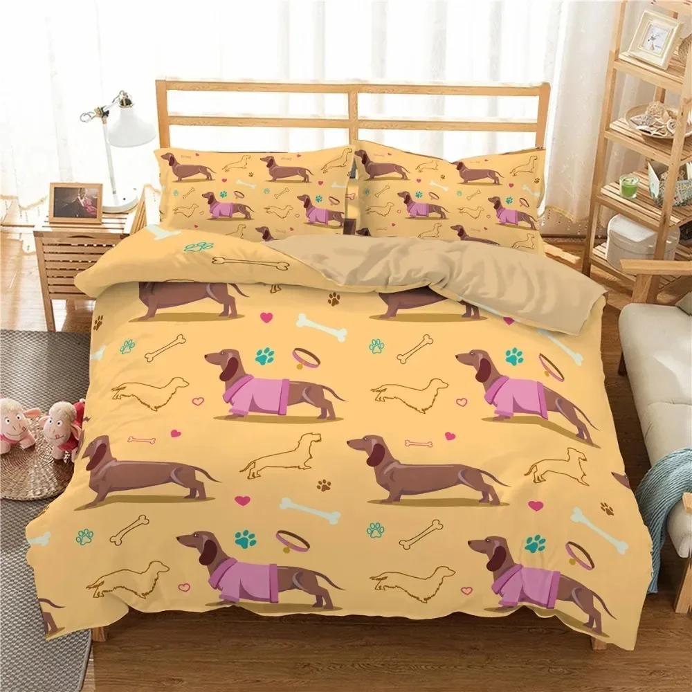 Cute Dachshund Sausage Dog Cartoon Puppy Animal 3D Duvet Cover Bedding Set Comforter Linen Pillowcases  Double Twin King Queen
