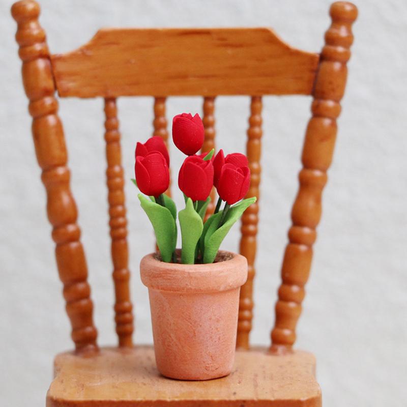 1:12 Puppenhaus Miniatur Rote Tulpe Topfpflanze Topf Blume Heim Garten Dekor
