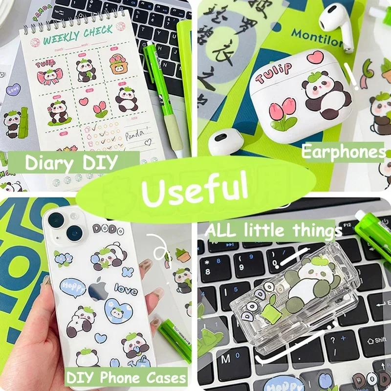 10 Sheets Cartoon Panda Stickers PET Transparent Sticky Decoration DIY Cups Diary Planner Stickers for School Gift Kids Girl