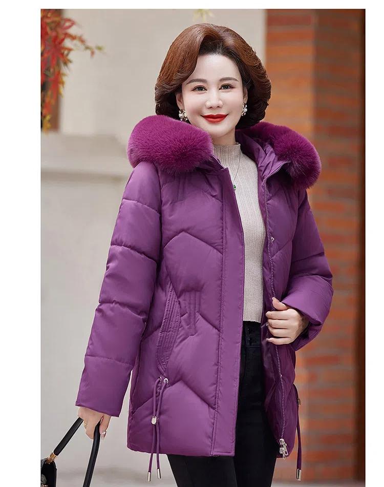 Jaqueta Feminina de Outono e Inverno Cor Sólida com Capuz Gola de Pele Moda Solta Espessa à Prova de Vento Comprimento Médio Jaqueta de Mãe