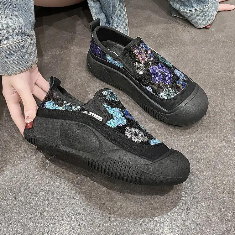 

Модные туфли на плоской подошве для женщин Повседневные кроссовки без застежек Модные элегантные блестящие мокасины с круглым носком Женская обувь Zapatos De Mujer 35 чёрный