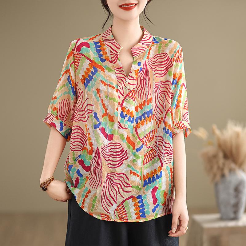 

DIMANAF 2024, летняя женская короткая футболка, свободная рубашка в повседневном стиле, блузка, топы, полосатая розовая рубашка One Size розовый