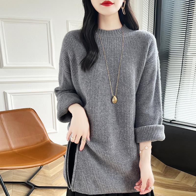 Women's Mid-Length Cashmere Sweater - Pleated Slit, Round Neck Knitwear for Autumn/Winter
