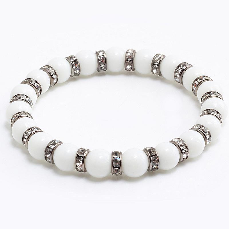 8mm White Porcelain Beads Rhinestone Bracelet: Trendy Unisex Wristband with Hand Rope