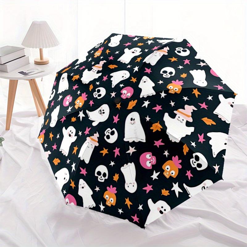 1pc Ghost Halloween Automatic Open/Close Umbrella with One-Touch Button, Compact Folding Canopy, Sturdy 8-Rib Windproof Design
