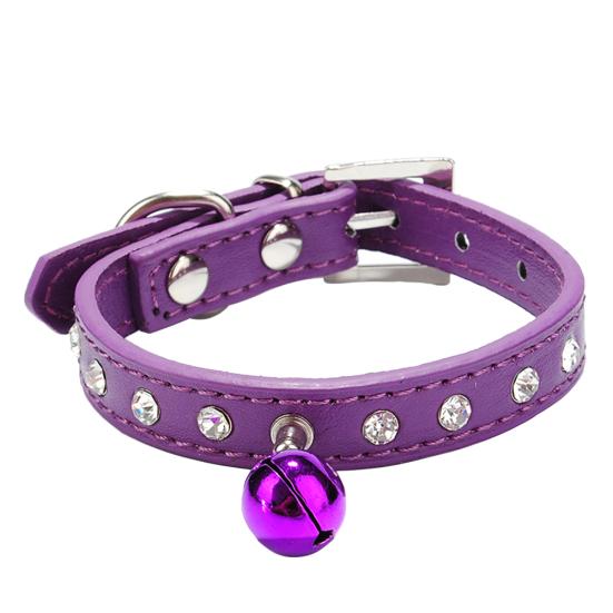 Adjustable Pet Dog Crystal Rhinestone Bell Collar Soft Faux Leather Neck Strap