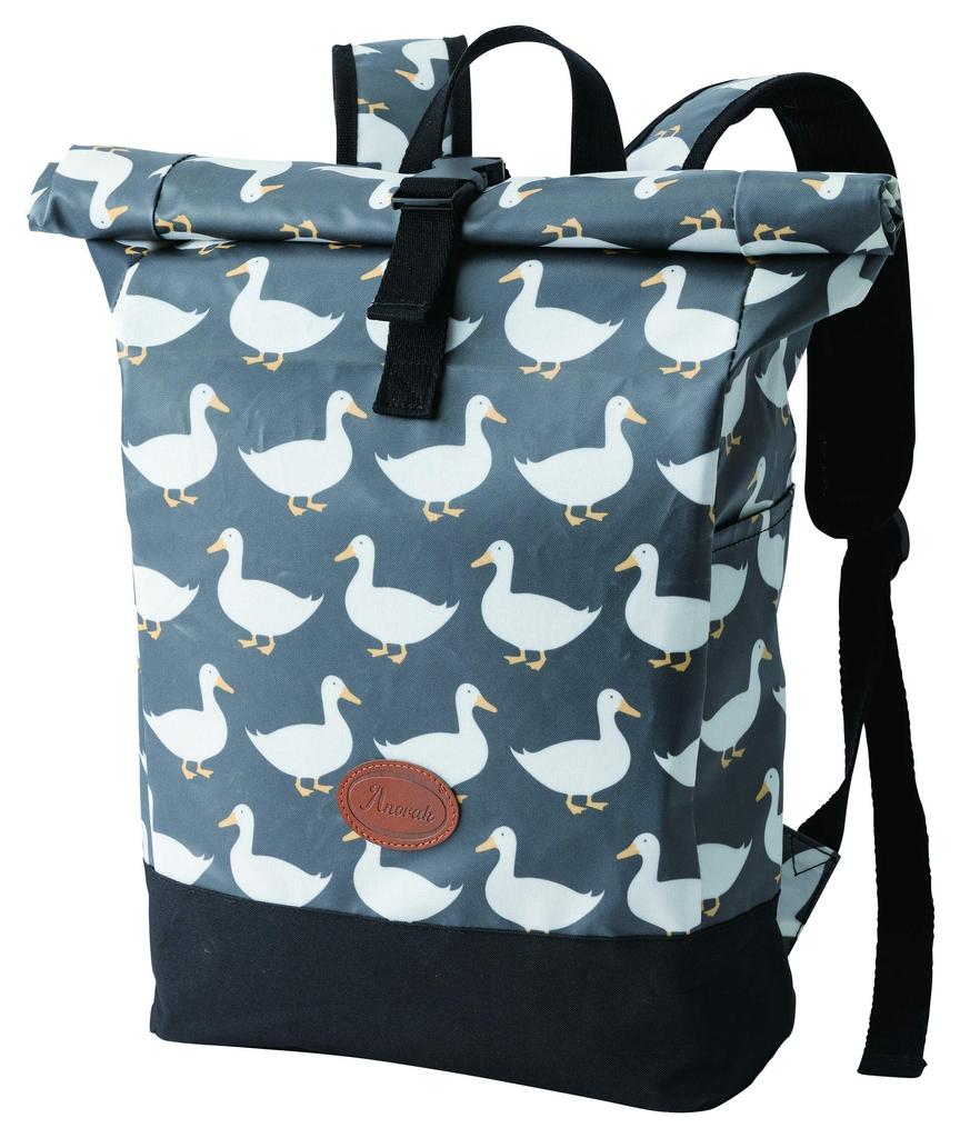 Marushin Anorak Roll-Top Backpack, H44 x W25.5 x D12cm, Waddling Ducks, with abrasion- and water-resistant vinyl coating, product number 6025006000