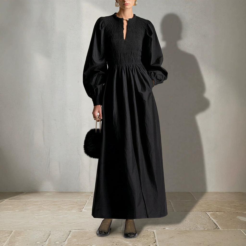 European and American early autumn new elegant A-shaped dress long dress temperament wind bubble sleeve pocket fold