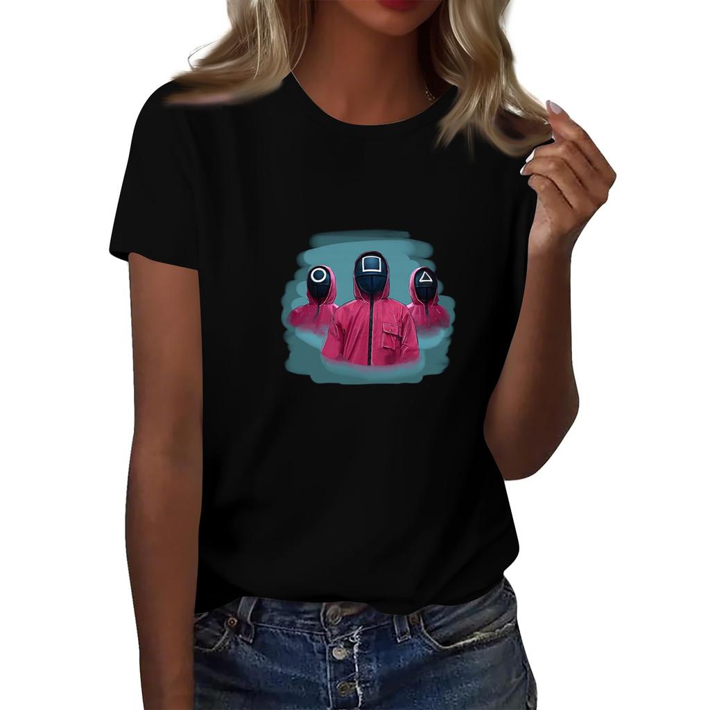 Damen Rundhals Bedrucktes Kurzarm T-Shirt Top