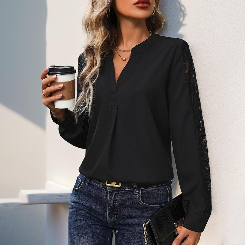 Long-sleeved 2025 Autumn Women's Small Stand-collar Pullover Lace Splicing Shirt