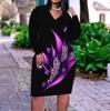 Women Plus Size V Neck Long Sleeve Black Purple Printed Fitted Dress