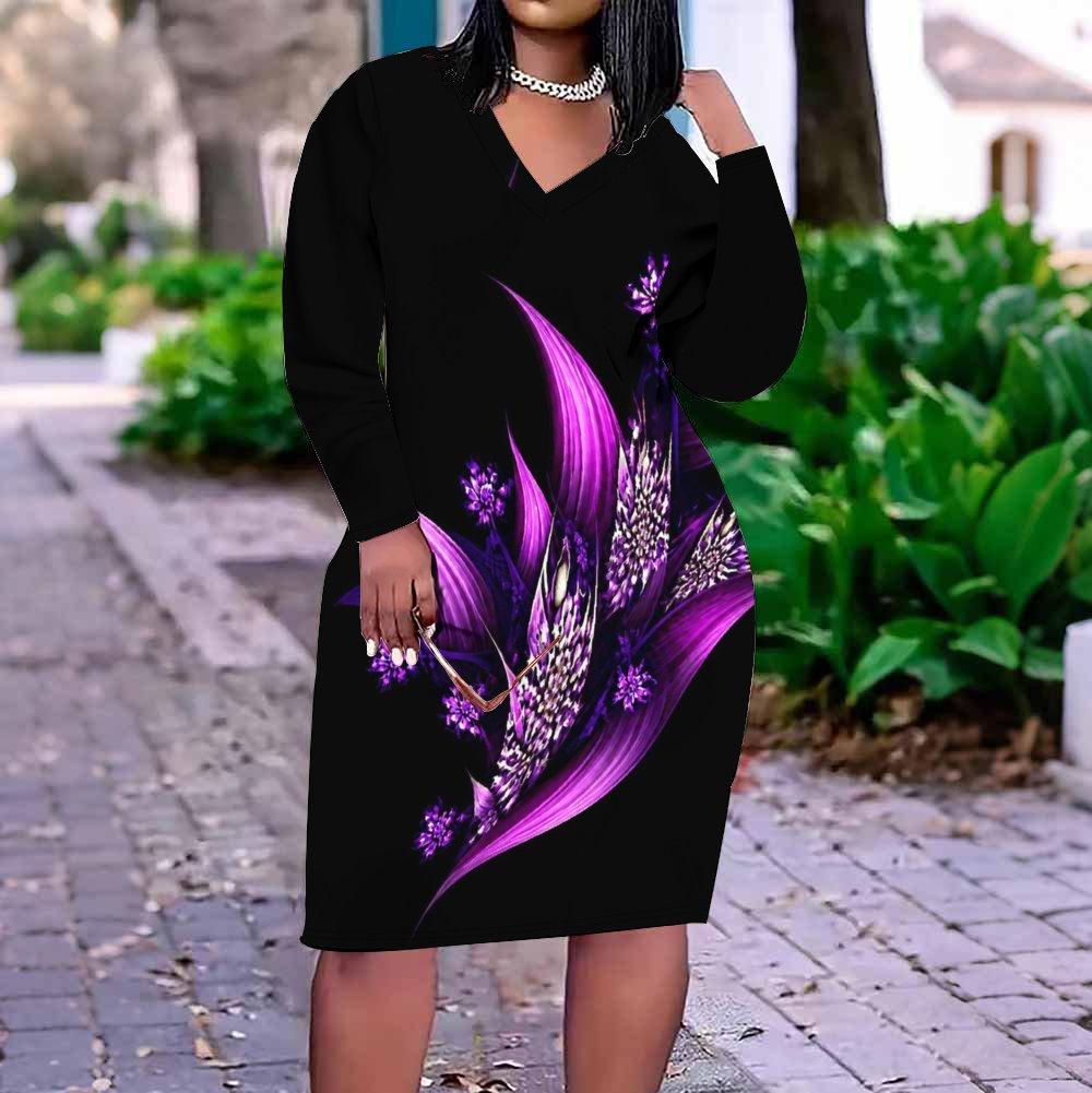 Women Plus Size V Neck Long Sleeve Black Purple Printed Fitted Dress