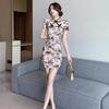 Chic Lace-Trimmed Floral Qipao Mini Dress: Elegant Button-Up, Slimming, and Hip-Hugging Style for Summer