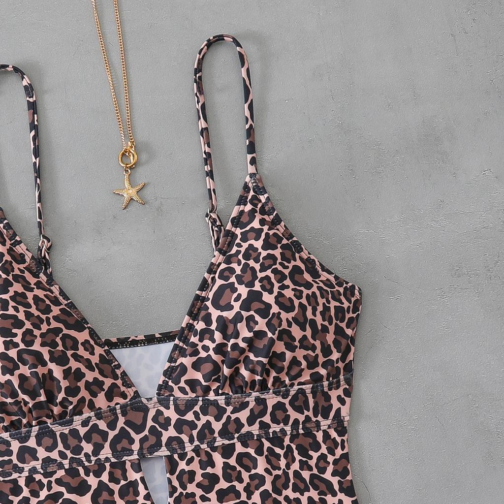 Fashion Leopard Pattern Backless Triangle Bikini Swimsuit For Beach Vacation