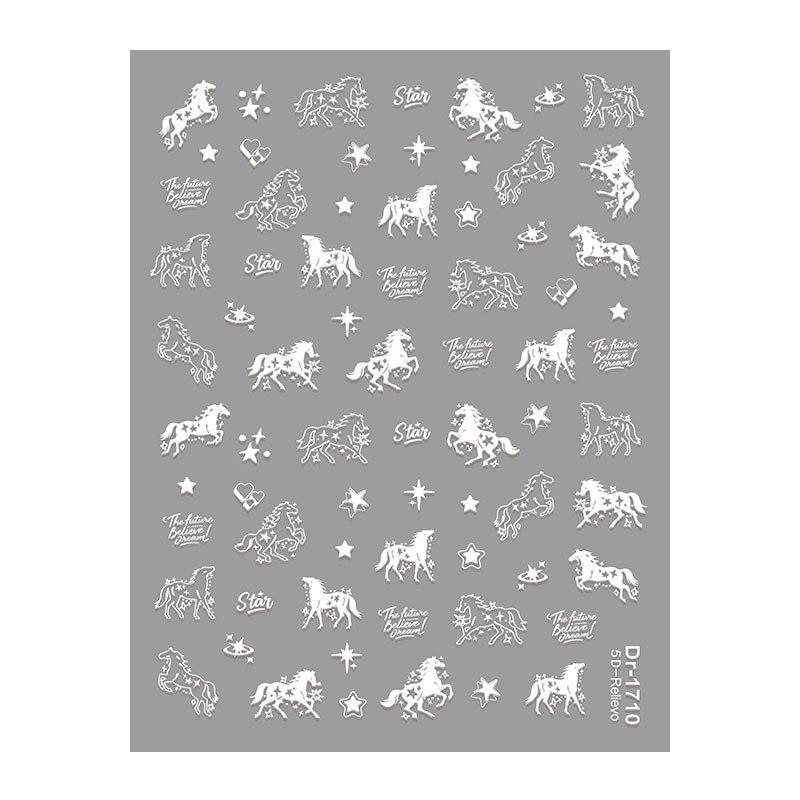Redanco 5D Embossed Cartoon Nail Stickers - Chinese Style Galloping Horses 3D Design (Black and White, Dr1711)