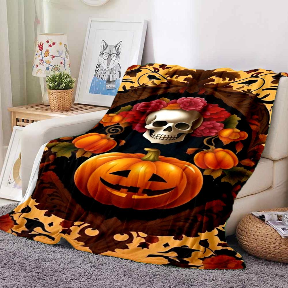1Pc Halloween Skull Pumpkin Flannel Blanket, Soft And Comfortable, Casual Warm, Camping Travel, Christmas, Halloween Xmas Gift. Eg116