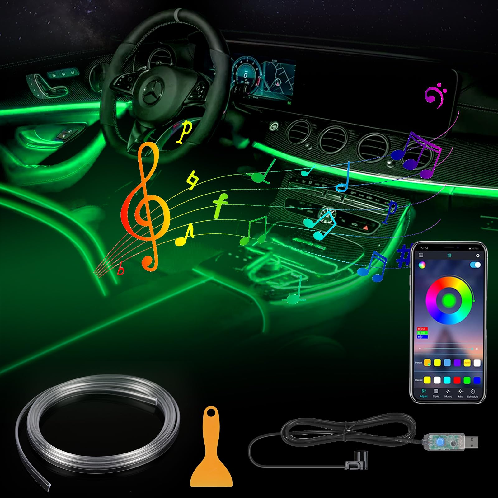 

Светодиодная лента для автомобиля, Подсветка салона, Встроенный USB, Светодиодная подсветка, Атмосферная подсветка, Салон автомобиля 2 meters