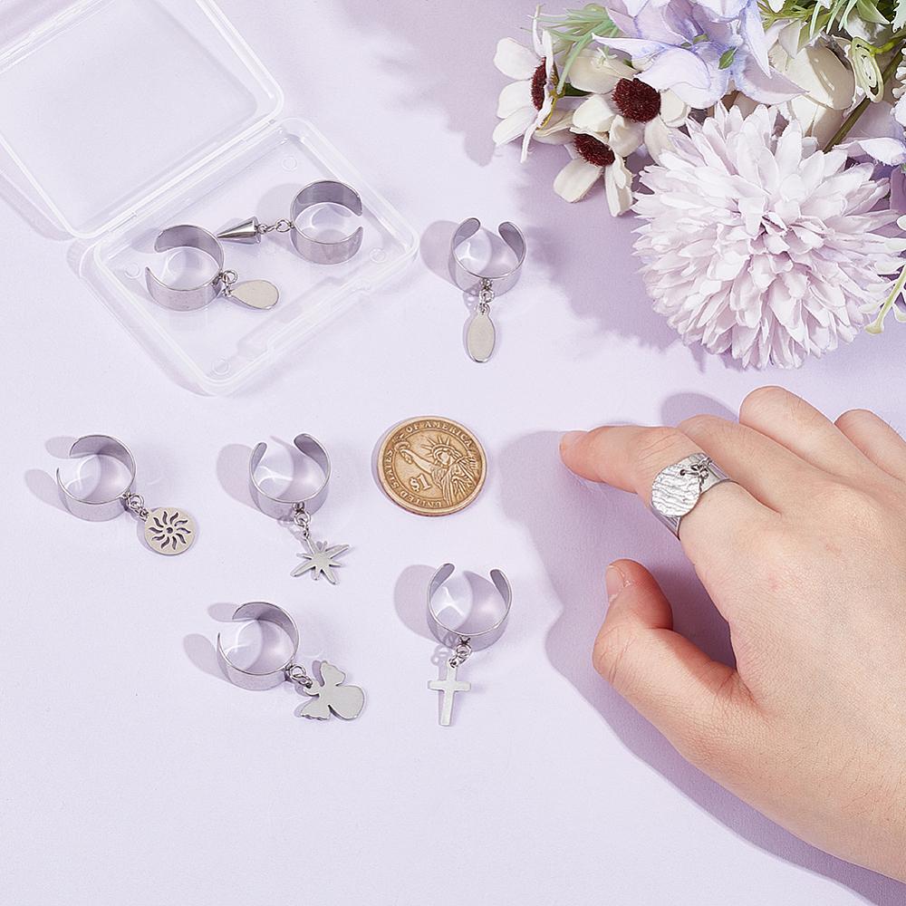 304 Stainless Steel Open Cuff Rings, with Mixed Shapes 304 Stainless Steel Charms, Stainless Steel Color, 36~38mm, 8pcs/set