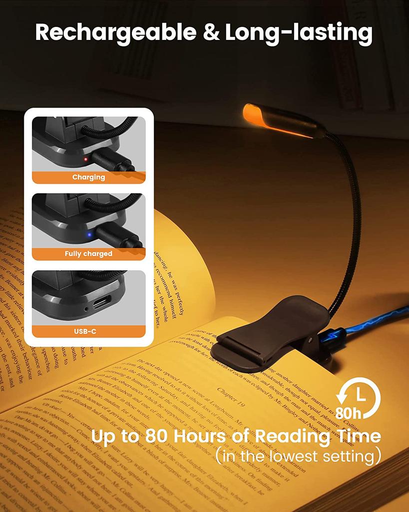 Lightweight Rechargeable 9 LED Amber Book Light  3 Color for Reading in Bed Eye-Care Clip-on Reading Light up to 80 Hours