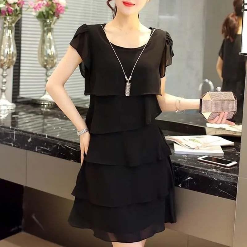 Kleid Damen Sommer Wellenschnitt Rüsche Süß Einfarbig Kurzarm Schlanke Kleider Dame Lässig All-Match Vestido Rundhalsausschnitt Chiffon