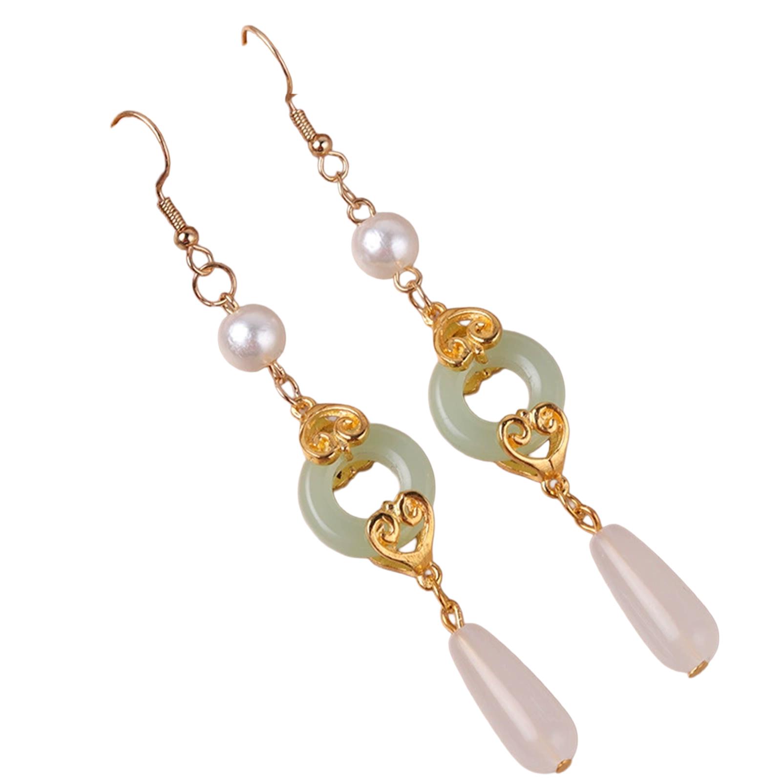 Women Retro Earrings New Chinese Style Tassel Design Hetian Jade Plum-Blossom Fan Pendant Green Hetian Jade чёрный/красный