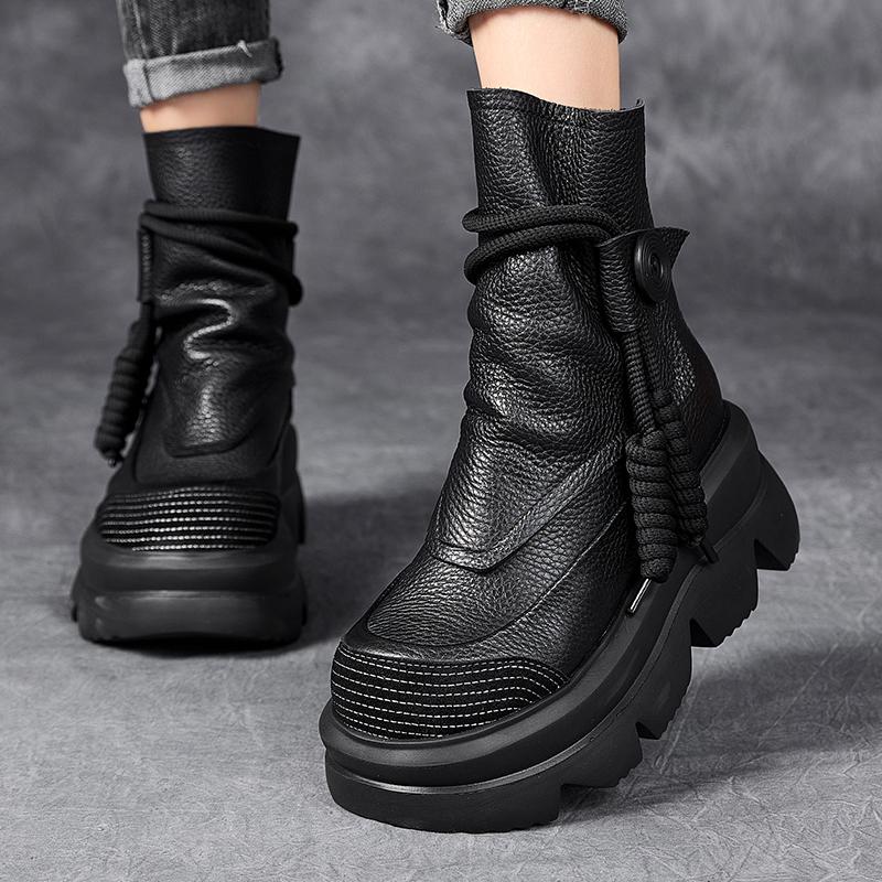 Handmade Mid-calf Boots Platform Women Genuine Leather Short Boots Round Toe Height Increasing Thick Sole Ladies Shoes