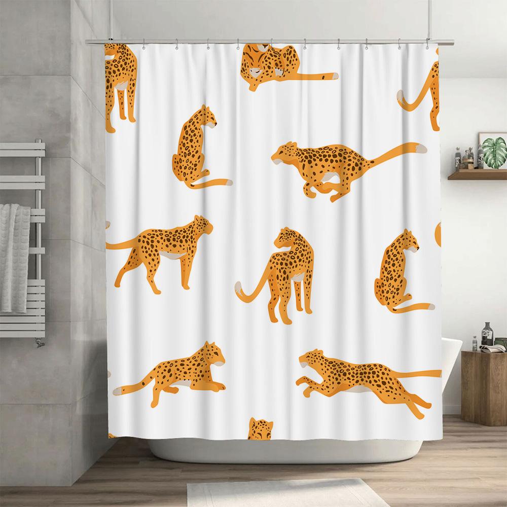 Leopard Shower Curtain Home Decor Bathroom Waterproof Fabric Yellow Print Animal Bath Tub Curtain White Plastic Hooks Waterproof
