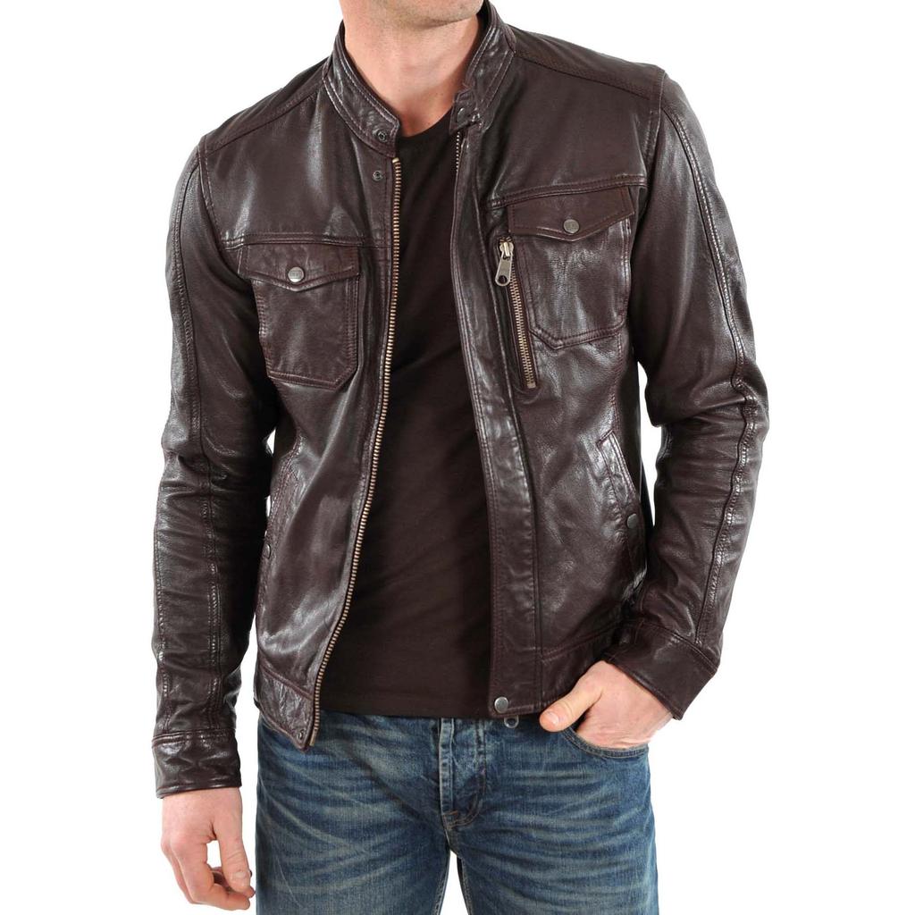 SKINOUTFIT Men's Genuine Lambskin Brown Leather Jacket Stylish Motorcycle Bomber Biker Outerwear MJ 27