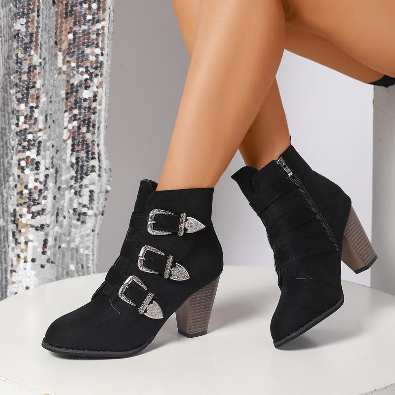 Fashion High Heel Short Thigh Boots Autumn New Round Toe Metal Belt Buckle Side Zipper Anti-Slip Wear-Resistant Block Heel Boots