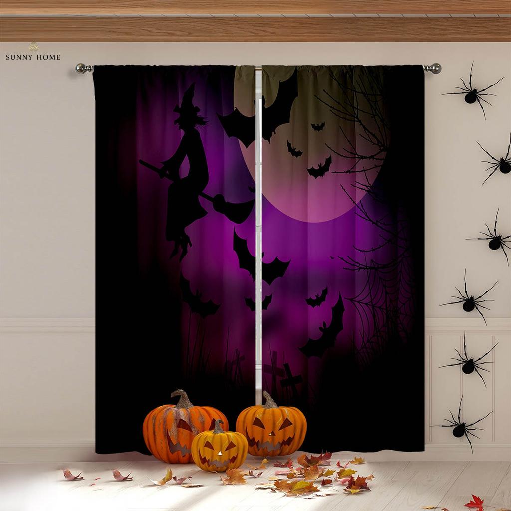 Halloween Horror Atmosphere Decorative Curtains Gothic Style Castle Pumpkin Cartoon Print Curtains Holiday Party Decorative 2PCS