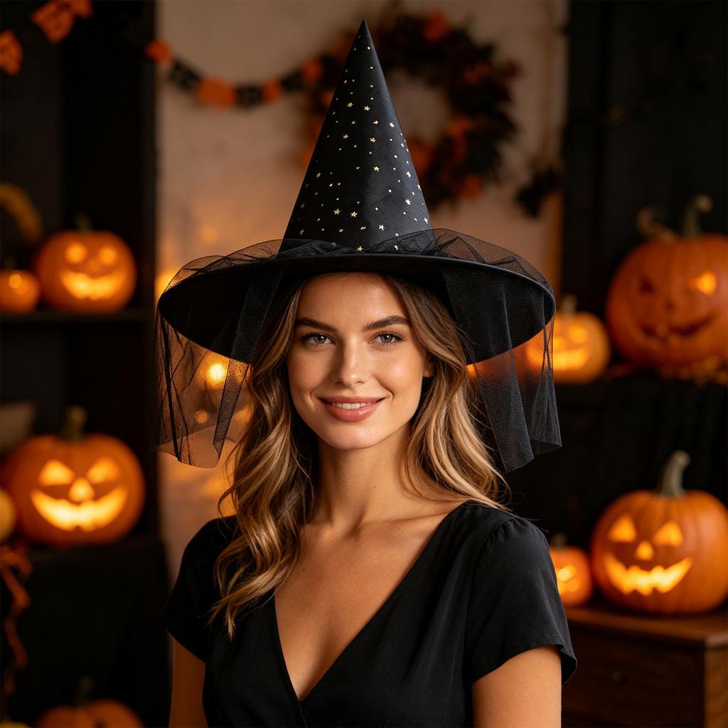 Women's Witch Hat with and Tulle for Halloween Costume Party, Adult Dress-Up Accessory