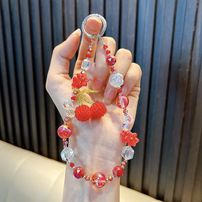Cherry Beaded Mobile Phone Chain Crystal Bow Key Bag Lanyard Pearl Mobile Phone Lanyard