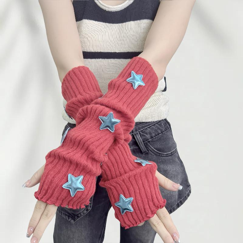 Fingerless Gloves Red Sleeves Sweet And Cute Girl Wool Knitted Christmas Star Arm Sleeves