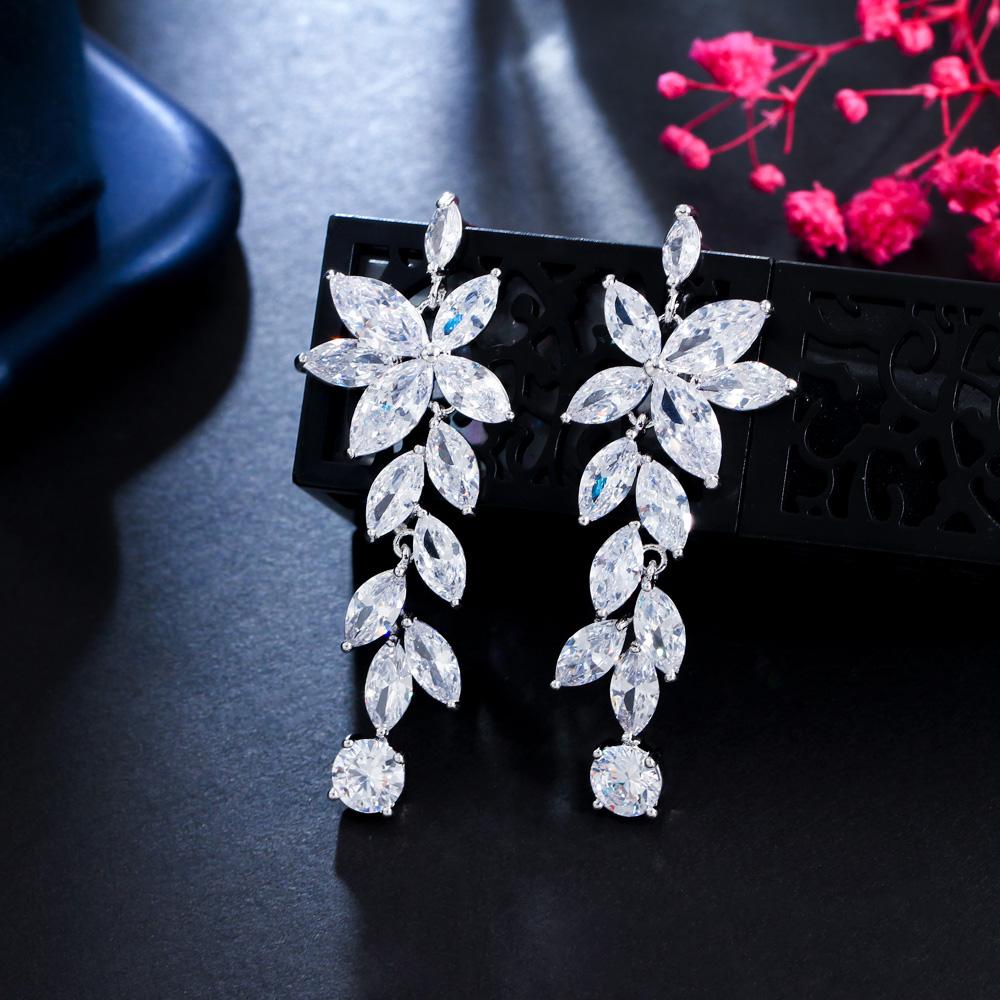 Ircons Glittering Flower Leaf Shaped Long Dangle Wedding Bridal CZ Earrings Silver Plated Elegant Pageant Jewelry CZ210