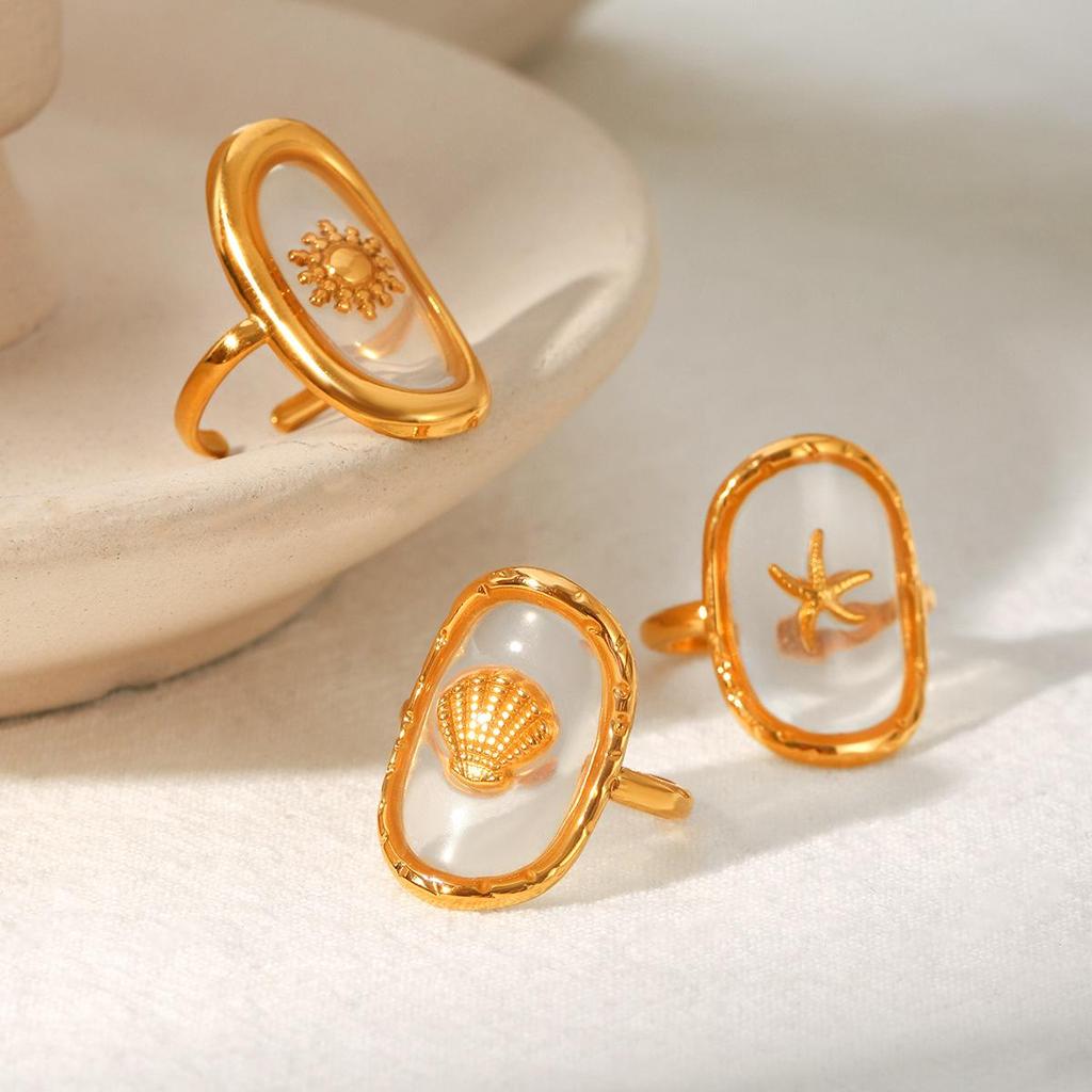Luxurious European-American 18k Gold Titanium Steel Seashell Epoxy Open Ring for Women