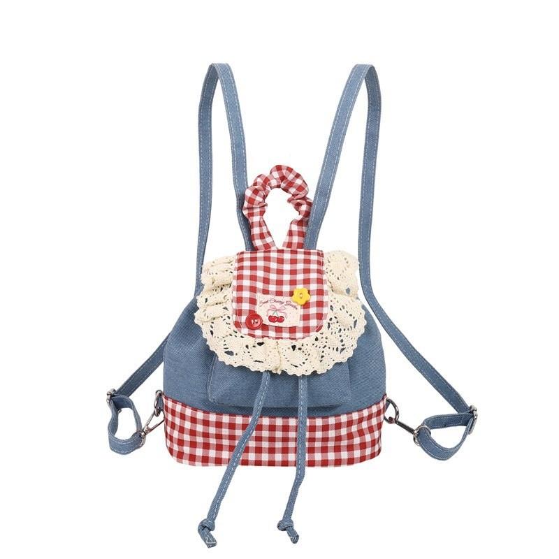 Casual Girls Pu Fabric Backpack With Flower Border And Multicolor Check Pattern Denim Blue