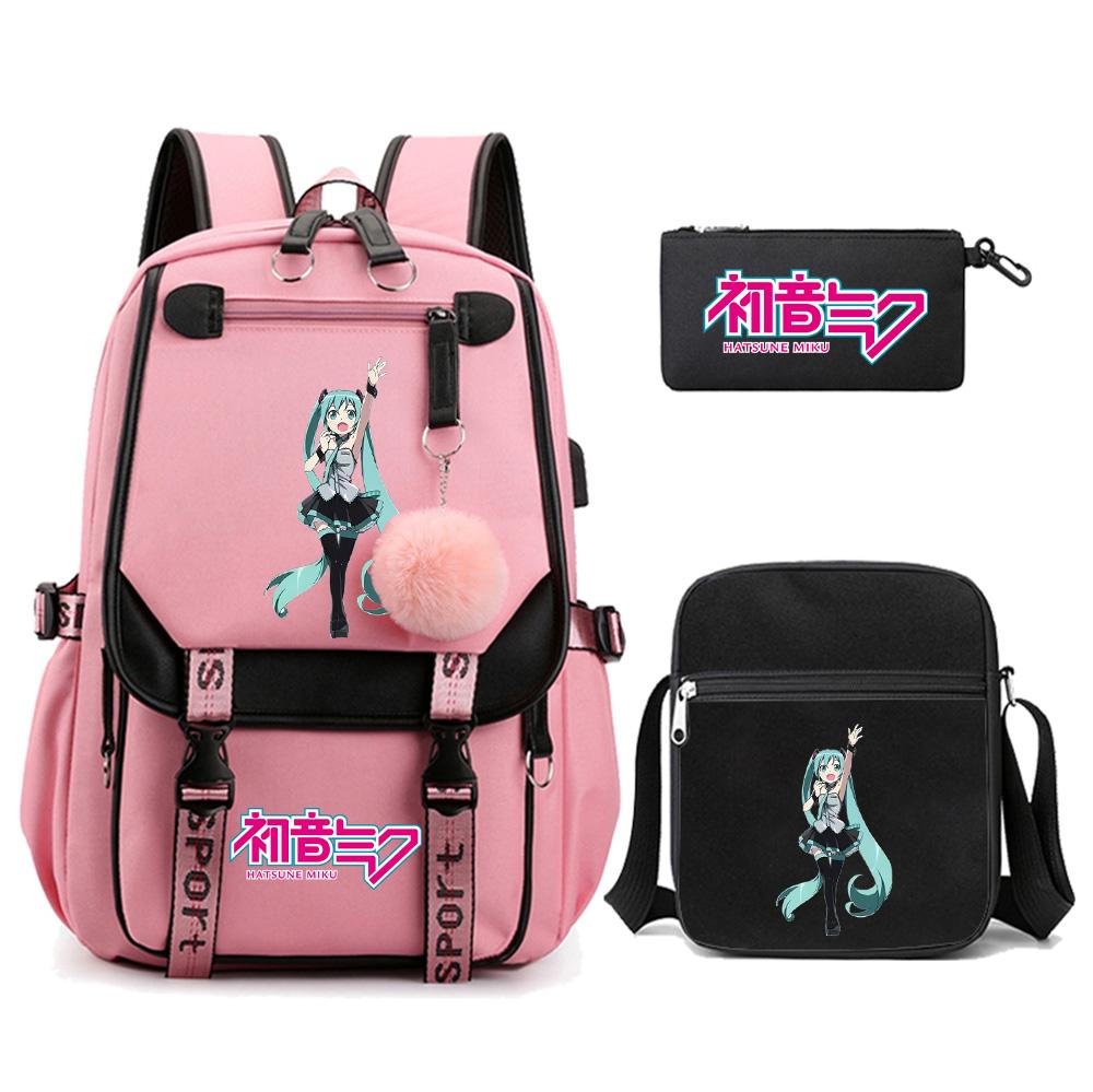 3ks/sada Anime Kreslený Batoh s Potiskem Hatsune Miku s Taškou přes Rameno pro Teenagera Studenta Dívku Chlapce Velkokapacitní Voděodolný Školní Batoh Mochila
