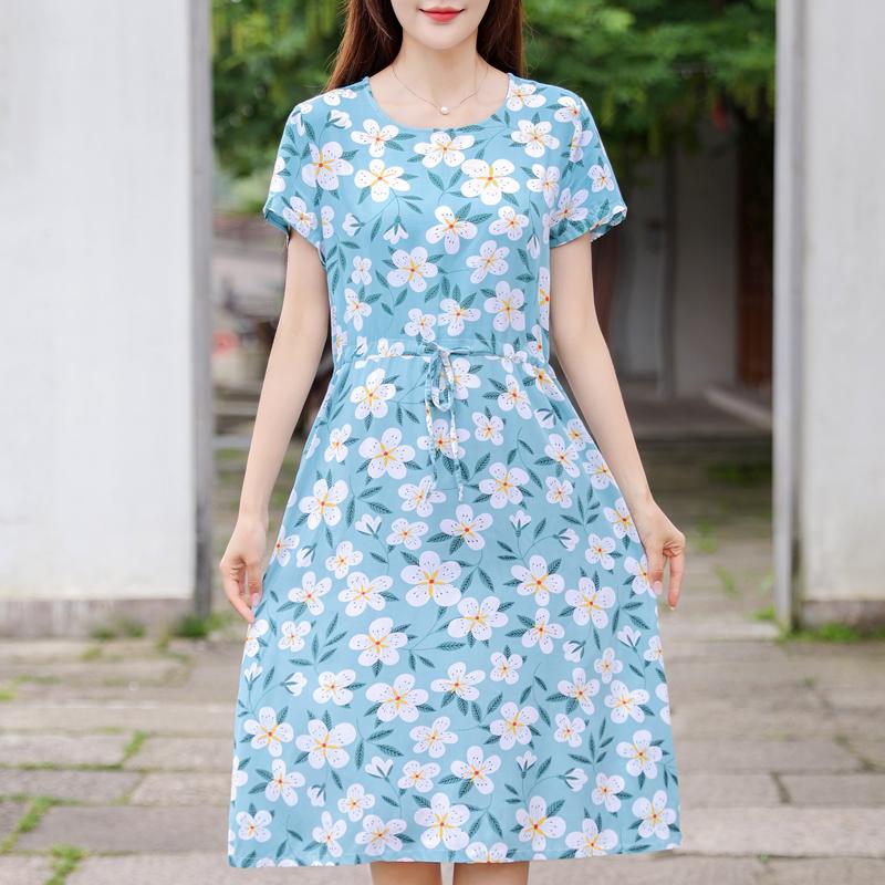 Letnia kobieta elegancka sukienka nowa dorywczo z krótkim rękawem ubrania w stylu koreańskim damska długa sukienka z nadrukiem w stylu vintage