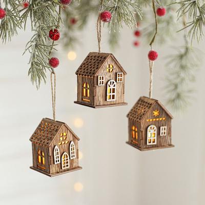 Mini vánoční dřevěný domeček, závěsné LED světlo, nádherná zářící ozdoba na dům, přírodní vánoční stromeček, závěsná dekorace