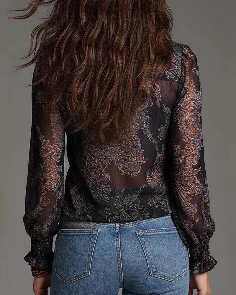 European Deep V-neck Paisley Ruffle Chiffon Blouse for Women