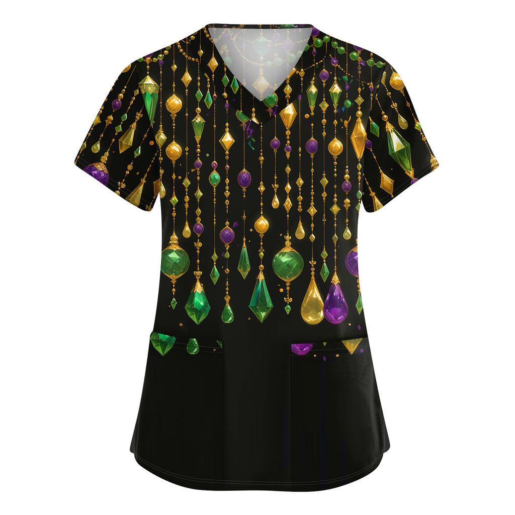 Women's Cute Printed Work Clothes V-neck Double Layer Pockets Basic Short Sleeve Top Pullover
