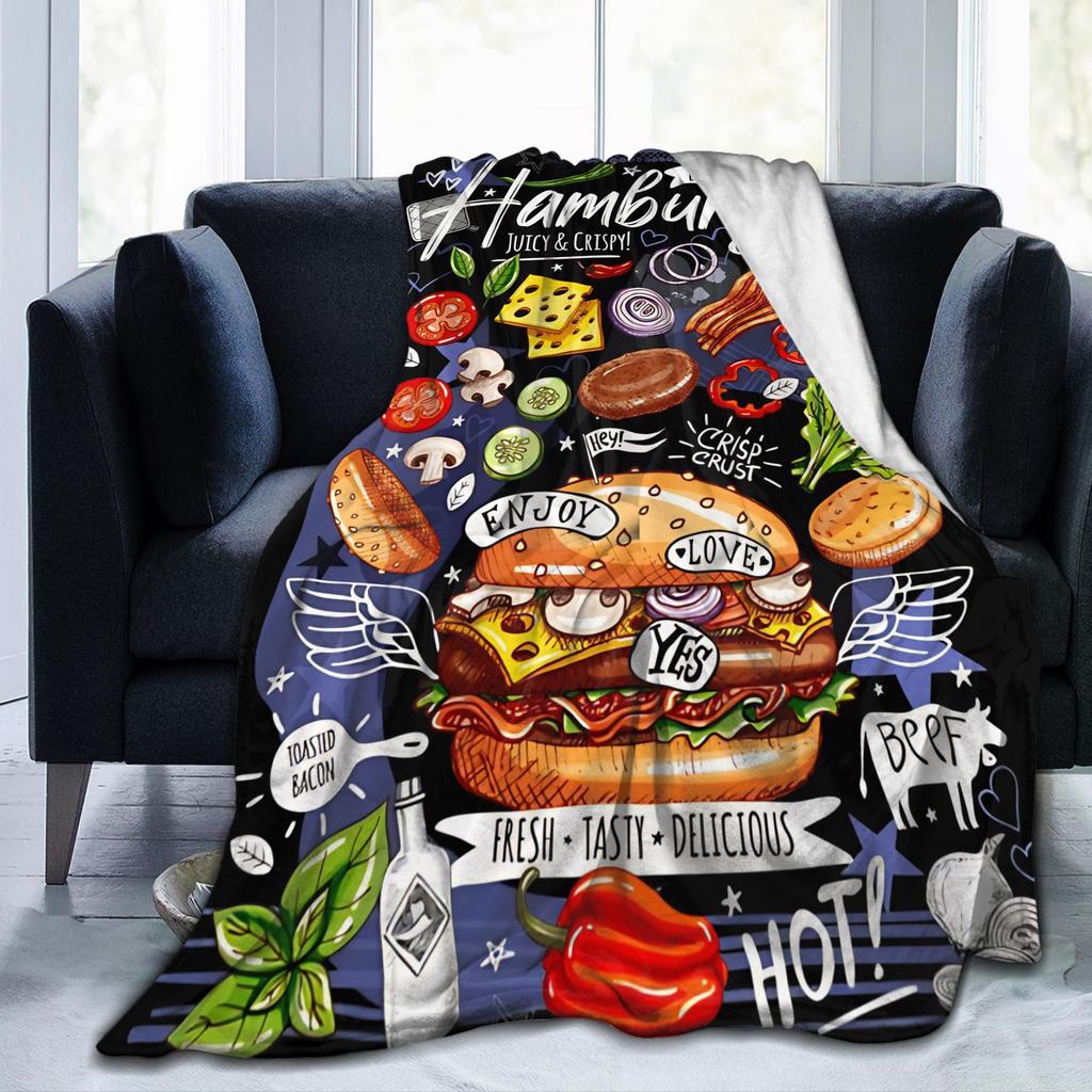 Poster Fast Food Cooking Hamburger Cheese Flannel Blanket Burger Creative Throw Blanket for Home Hotel Sofa 200x150cm Super Soft